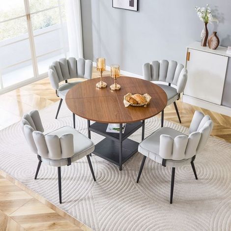 Table et Chaises de Salle à Manger de Salle à Manger 107 cm 4 Chaises aspect noyer double rangement table ronde tissu gris clair (1/5)