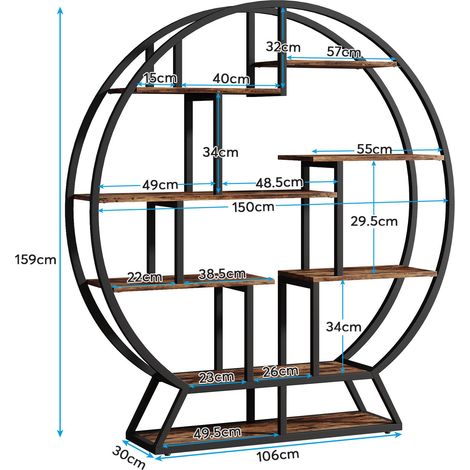 Tribesigns – Bibliothèque ronde industrielle 5 niveaux – 14 étagères – 150 x 30 x 160 cm – Marron rustique – Construction en panneaux de particules et acier — vue 2