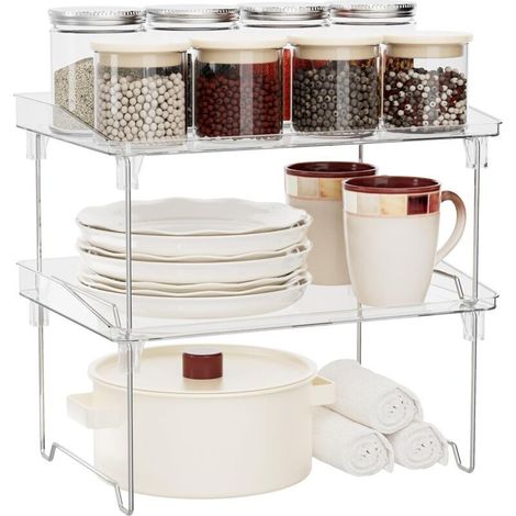 Lot de 2 étagères de rangement empilables pour cuisine, étagère à épices, étagères de rangement en plastique transparent pour maquillage, salle de bain, placard, bureau (1/4)