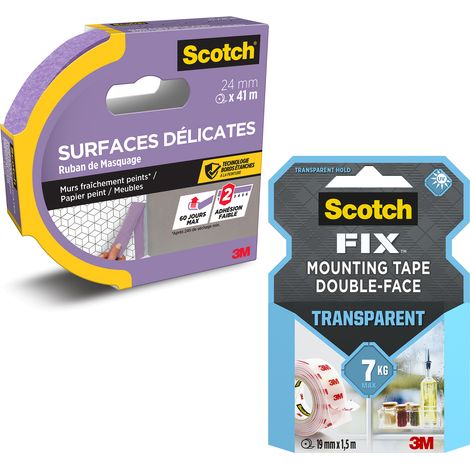 Pack Scotch® & Scotch-FIX™ : Ruban de masquage surfaces délicates et Ruban d'assemblage transparent verre acrylique métal carrelage (1/4)