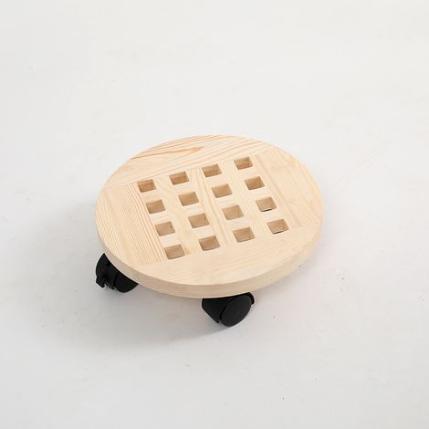 Plato redondo de madera color madera para macetas, diámetro 25 cm, soporte móvil para flores con base de maceta con ruedas, 2 piezas (1/5)