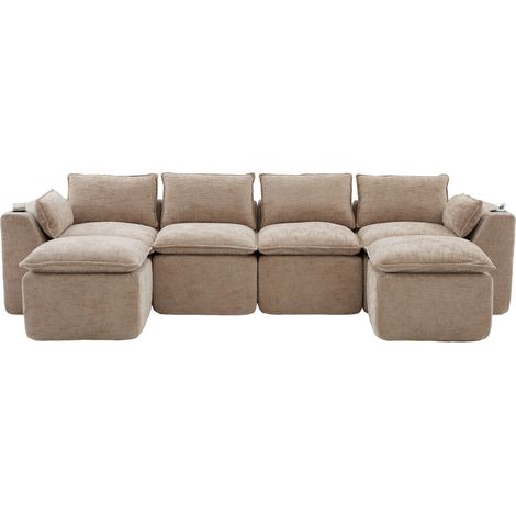 Sofá modular de 4 plazas con 2 pufs, chenilla beige claro, cojines, portavasos y bolsillos laterales (1/5)