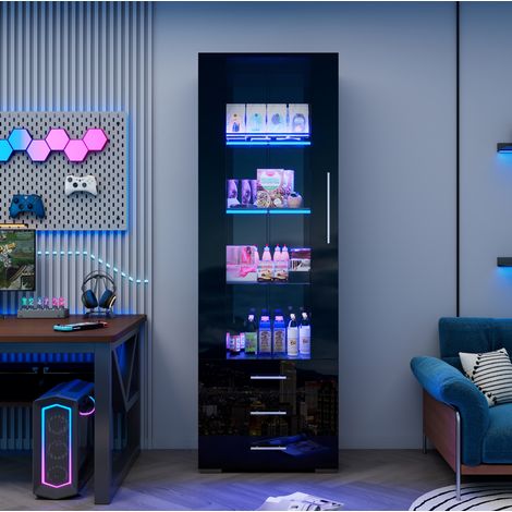 Vitrine 60x35x180 cm Schwarz in MDF mit LED-Beleuchtung, Hochglanzfront, Acrylglastür und 3 Schubladen (1/5)