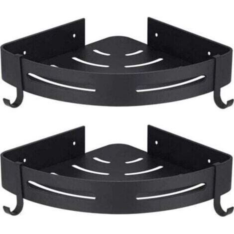 Support de douche d'angle sans perçage, lot de 2, avec crochets, noir, rangement de salle de bain, accessoires de salle de bain, porte-savon, support de douche, sans perçage (1/4)
