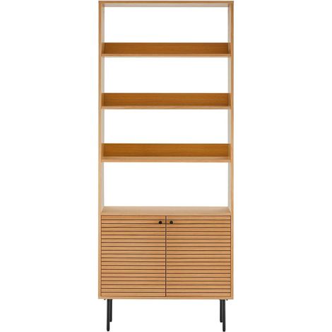 LOWAN - Etagère 4 Niveaux et 2 Portes Effet Tasseaux Teinté Chêne Clair (1/3)
