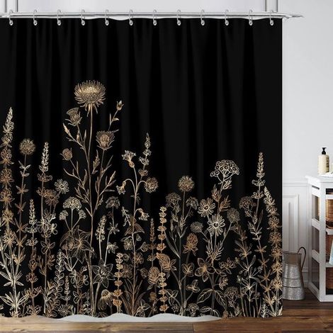 Tenda da doccia Boho vintage nera e oro, tenda da doccia botanica con fiori selvatici scuri, estetica floreale nero-marrone crema per il bagno con ganci, tenda da doccia chic con arte di piante da fat