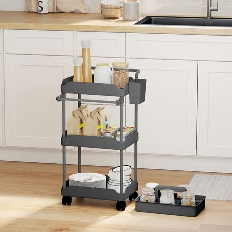 Carrito Auxiliar con Ruedas de 3 Niveles Carrito de Cocina con Cestas Extraíbles y Soporte para Toallas Gris (1/5)