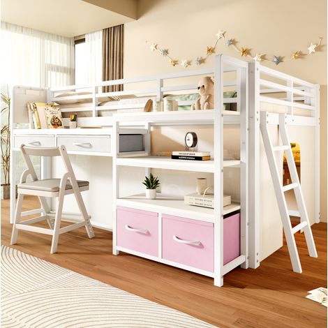 Cama alta infantil 140x200 cm de metal y MDF blanca con escritorio, sin colchón – MEUBLIV (1/5)