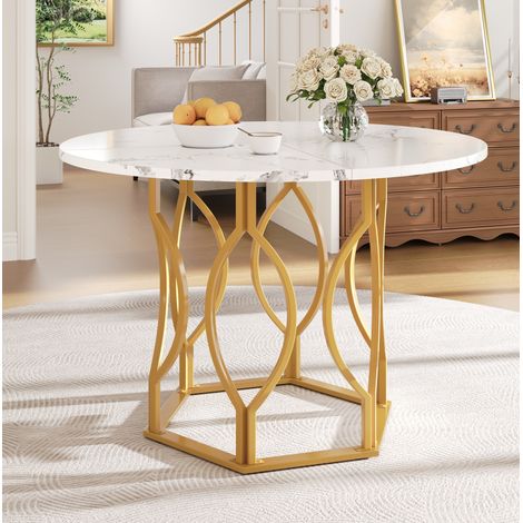 Table à manger ronde 100/100/76 cm blanc et or, plateau MDF effet marbre avec pieds en métal (1/5)