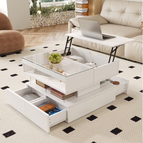 Mesa de centro elevable LED 16 colores 112,5 x 67 x 45,5 cm blanca FloraGrace (1/5)