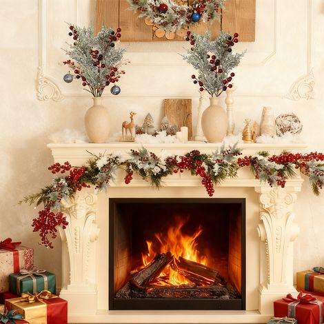 Branche de Noël Artificielle avec Baies Rouges, Rameau de Sapin Givré Floconné, Décor Festif Maison Couronne Centre de Table Hiver (1/5)