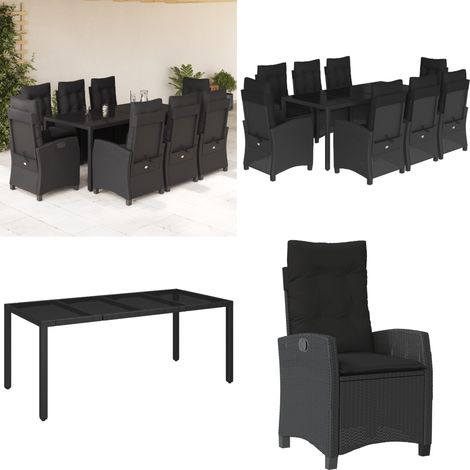 9-tlg. Garten-Essgruppe mit Kissen Schwarz Poly Rattan - Gartentisch - Gartensessel (1/5)