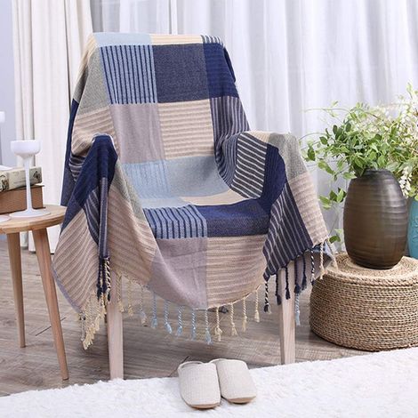 Country-style chenille throw blanket, decorative sofa cover for bed, couch, sofa, couch, couch, couch, couch, couch, couch, couch, couch, couch, couch, couch, couch, couch, plaid pattern, blue, 150 x  (1/5)