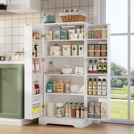 Credenza da cucina con 2 Ante, 5 Livelli, Ripiani Regolabili e Luce LED con Sensore, in MDF, Bianca, 60×35×128 cm (1/5)