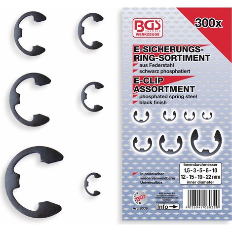 BGS TECHNIC Kit de circlips en E, 8039, 1,5...22mm, 300 pièces