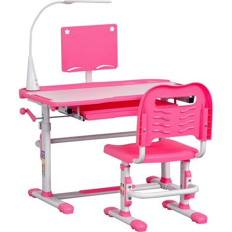 Set Scrivania per Bambini 6-12 Anni con Sedia Regolabile in Altezza, Cassetto, Luce e Piano Inclinabile, Rosa