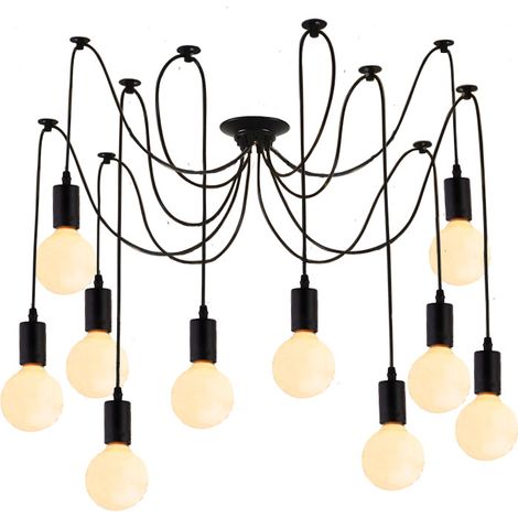 10-flammig Pendelleuchte Vintage DIY Kreativ Hängelampe E27 Spinne Kronleuchter für Schlafzimmer Wohnzimmer Esszimmer -1.5M Kabel,Schwarz (Ohne Birne) (1/4)