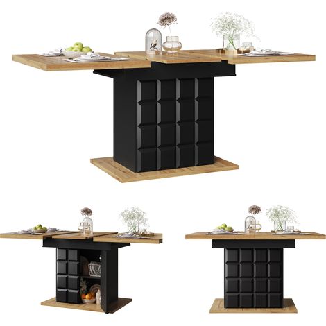 Table à Manger Extensible 110-140×80×75cm,Avec Espace de Rangement,Table Cuisine en MDF+PB facile nettoyage pour 4-6 personnes,Noir