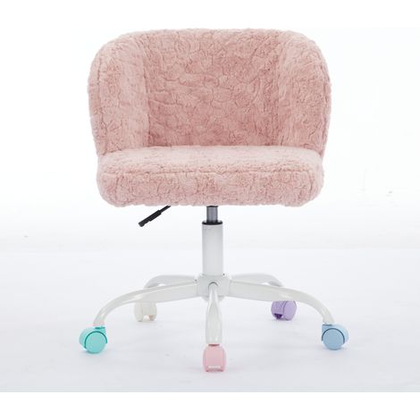Chaise de bureau girly en fausse fourrure de lapin, fauteuil pivotant rose avec roulettes silencieuses colorées (1/5)
