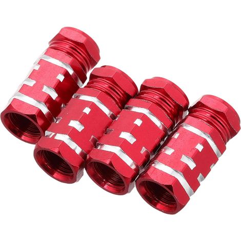 4 Pieces Universal Red Hexagonal Aluminum Alloy Tire Valve Caps for Bicycle and Car, Versatile Compatibility and Multi-Groove Design (1/5)