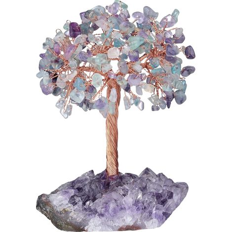 Arbre à argent en cristal de quartz rose, aigue-marine et améthyste naturels, avec socle en amas d'améthyste. Décoration Feng Shui pour bureau ou autel de méditation. (1/5)