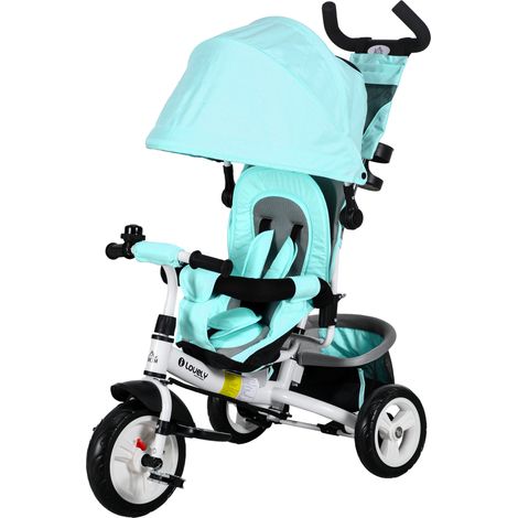 Tricycle enfant métal vert avec panier arrière porte-gobelet pare-soleil
