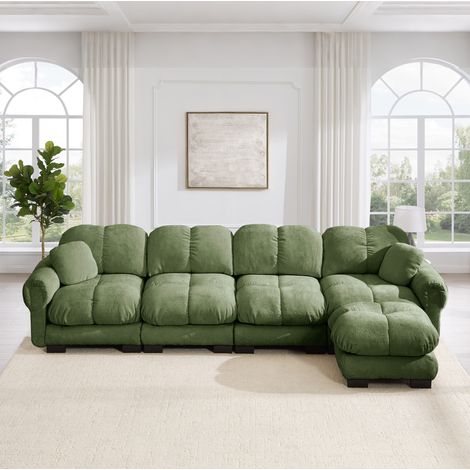 Sofá chaise longue 330x149x90 cm de chenilla verde con otomana móvil – MEUBLIV (1/5)