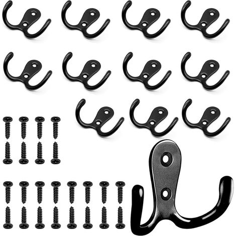 Lot de 12 crochets muraux doubles style vintage pour vêtements, chapeaux, serviettes, crochets, manteaux, salle de bain, cuisine, couloir (noir) (1/5)