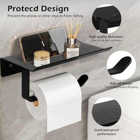 Porte-Papier Toilette Support Mural,Support pour téléphone portable, Mural Aluminium avec étagères Spacieuses (noir) (1/4)