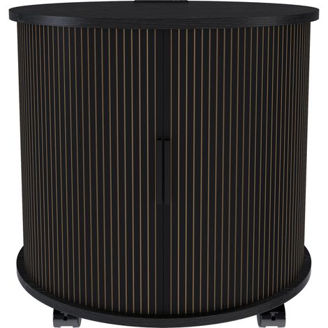 Mesita de noche cilíndrica Mid-Century con enchufe y 2 USB, puerta corredera, negro, 60x60x60 cm (1/5)