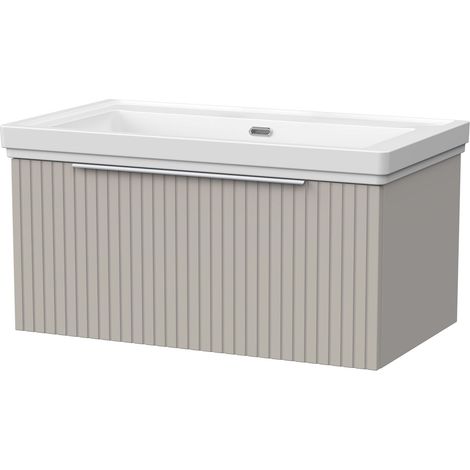 Callingwood Contemporary Wall Hung 1 Drawer Vanity Unit with Traditional 0 Tap Hole Fireclay Basin , 800mm, Pebble Grey