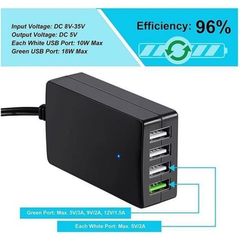 Chargeur portable CC avec clip de batterie, adaptateur multiport USB 4 ports 12 V/24 V vers 5 V, autres smartphones et tablettes (1/4)