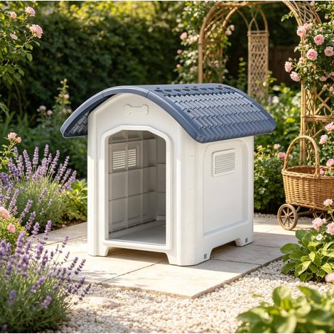 Caseta exterior para perro 71x60x63 cm de PP blanco y gris oscuro, techo impermeable - MEUBLIV (1/5)