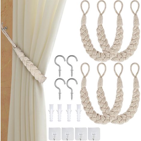 Lot de 4 Embrasses Rideau Corde Beige, Crochets Adhésifs Et Vis, Fixation Murale Pour Salon Chambre Bureau