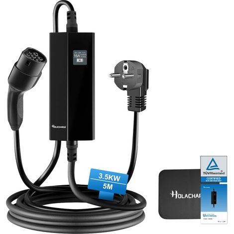 [3,68 kW 5M] Type 2 câble de recharge portable pour voiture électrique noire Chargeur avec affichage numérique contrôlable et monophasé EU-Schuko pour IEC 62196-2 et PHEV/EV (1/5)