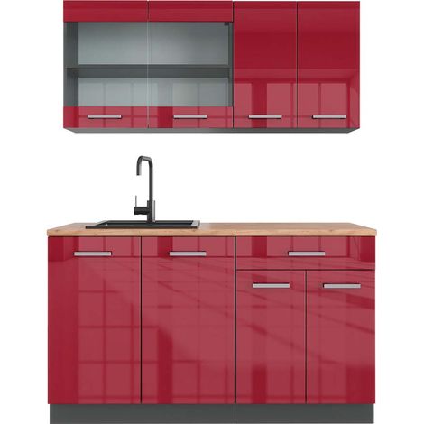 Cucina monoblocco R-Line, Bordeaux lucido/antracite, 140 cm , PL Rovere, Vicco