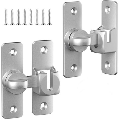 Juego de 2 pestillos para puertas batientes, pestillo para puerta de granero de 90/180 grados, pestillo de puerta de ángulo recto plateado, herrajes para puertas batientes, cerradura de puerta (1/5)