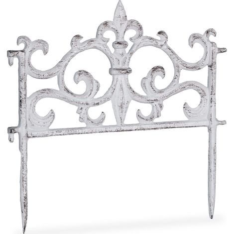 Bordure de jardin, lot de 5, fonte de fer, clôture jardin en métal, piquet plate-bande, antiquités, 27 x 27 cm, blanc