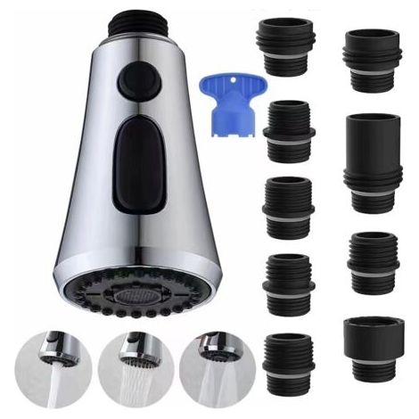 Extractible Douchette Evier Cuisine, Mitigeur Cuisine avec 9 Adaptateurs, Douchette à 3 Fonctions de Jet Compatible avec les Robinets G1/2,Chrome (1/5)