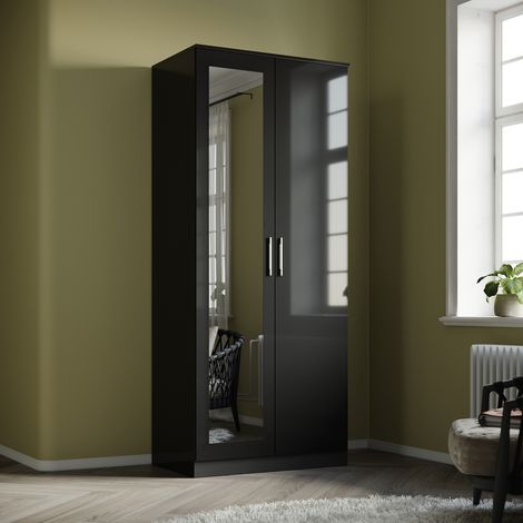 ELEGANT Wardrobe Storage 2 Doors High Gloss with Mirror Include Metal Handles and Removable Hanging Rod, Black