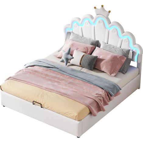 Lit coffre 140x200 cm style princesse avec tête de lit nuage, LED d’ambiance réglables par application, rangement hydraulique, blanc pour chambre enfant - CHICFURN (1/5)
