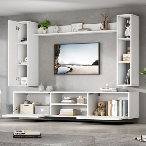Mueble para TV de aglomerado blanco 180 x 35 x 33,5 cm, conjunto de 4 piezas con armarios de pared y estante, colgante o de pie (1/5)