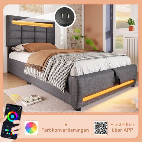 Lit rembourré,90200cm,télécommande APP,avec lumières LED,rangement hydraulique,sans matelas,avec prise USB,linge,gris (1/5)
