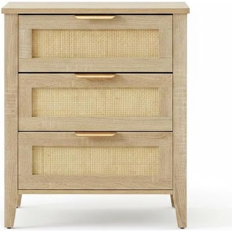 chevet rotin 3 tiroirs pieds bois naturel pour chambre salon (1/5)