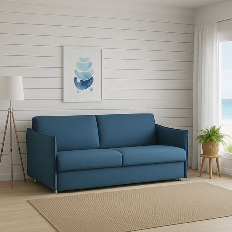 Dmora - Sofá fijo 2 plazas Monleale, Sofá lineal para salón, acolchado, desenfundable, calidad 100% Made in Italy, 160x95 h90 cm, Azul (1/4)