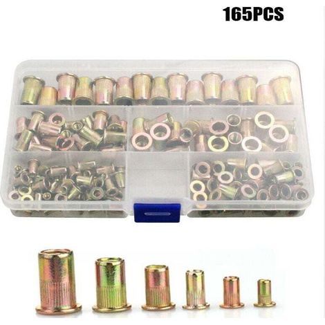 Rivet Écrou,Inserts Filetés Écrou Acier au Carbone Plaqué au Zinc dans Boite en Plastique M3 M4 M5 M6 M8 M10 M12 166 pièces, (1/4)