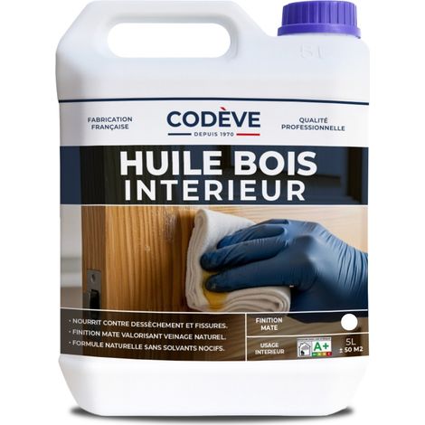 Codève Bois – Huile pour bois intérieur 5 L – Protection incolore pour boiseries, portes, menuiseries et poutres – Résistance à l'eau et aux taches