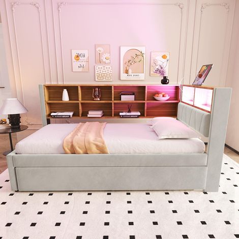 Canapé-lit 90200, lit escamotable 90190 avec éclairage LED, prises de courant et multiples compartiments de rangement, flanelle, gris clair. (1/5)