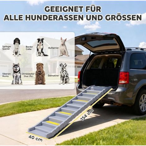 Rampa plegable para perro 154x40 cm de plástico gris, 10 peldaños, para coche - MEUBLIV (1/5)