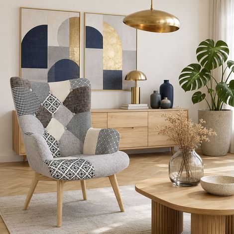 Fauteuil - HOME DECO FACTORY - Helsinki - Patchwork - Confortable - Gris (1/10)